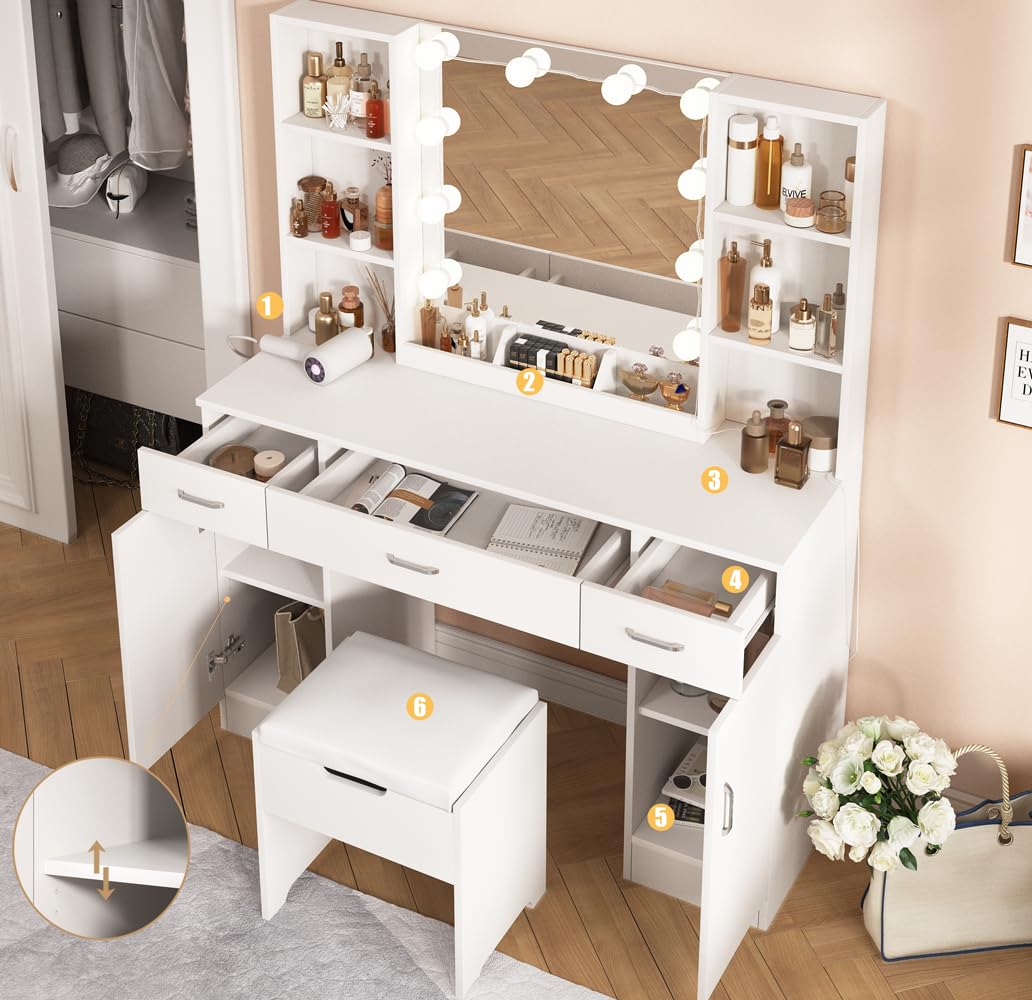 Vabches Makeup Vanity Desk with Lights, 3 Lighting Colors, White Vanity Set Makeup Table, Large Vanity with 3 Drawers, 2 Cabinets and Multiple Shelves, 45.2in Vabches