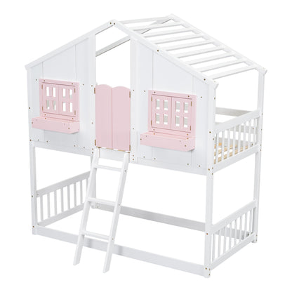 PVWIIK Twin Over Twin House Bunk Beds with Window Door & Roof, Solid Wood Playhouse Bunk Bed w/Window Box & Ladder,No Box Spring Needed & Space Saving for Boys and Girls, Pink/White