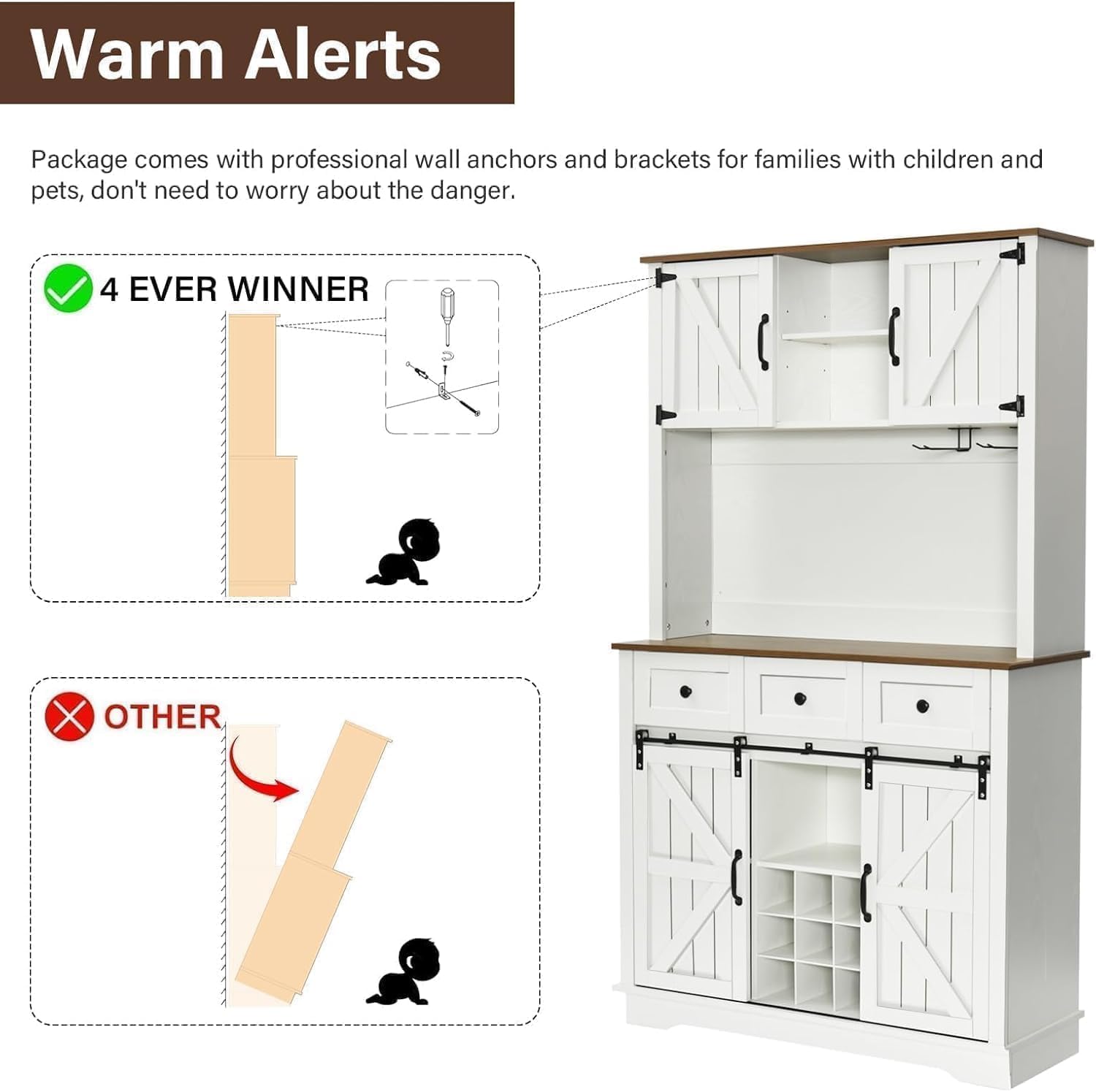 4 EVER WINNER Farmhouse Coffee Bar Cabinet with Sliding Barn Doors, 72” Tall Kitchen Pantry Cabinet with Wine & Glass Rack, Kitchen Hutch Buffet Cabinet with Drawers for Dining Room, White - WoodArtSupply