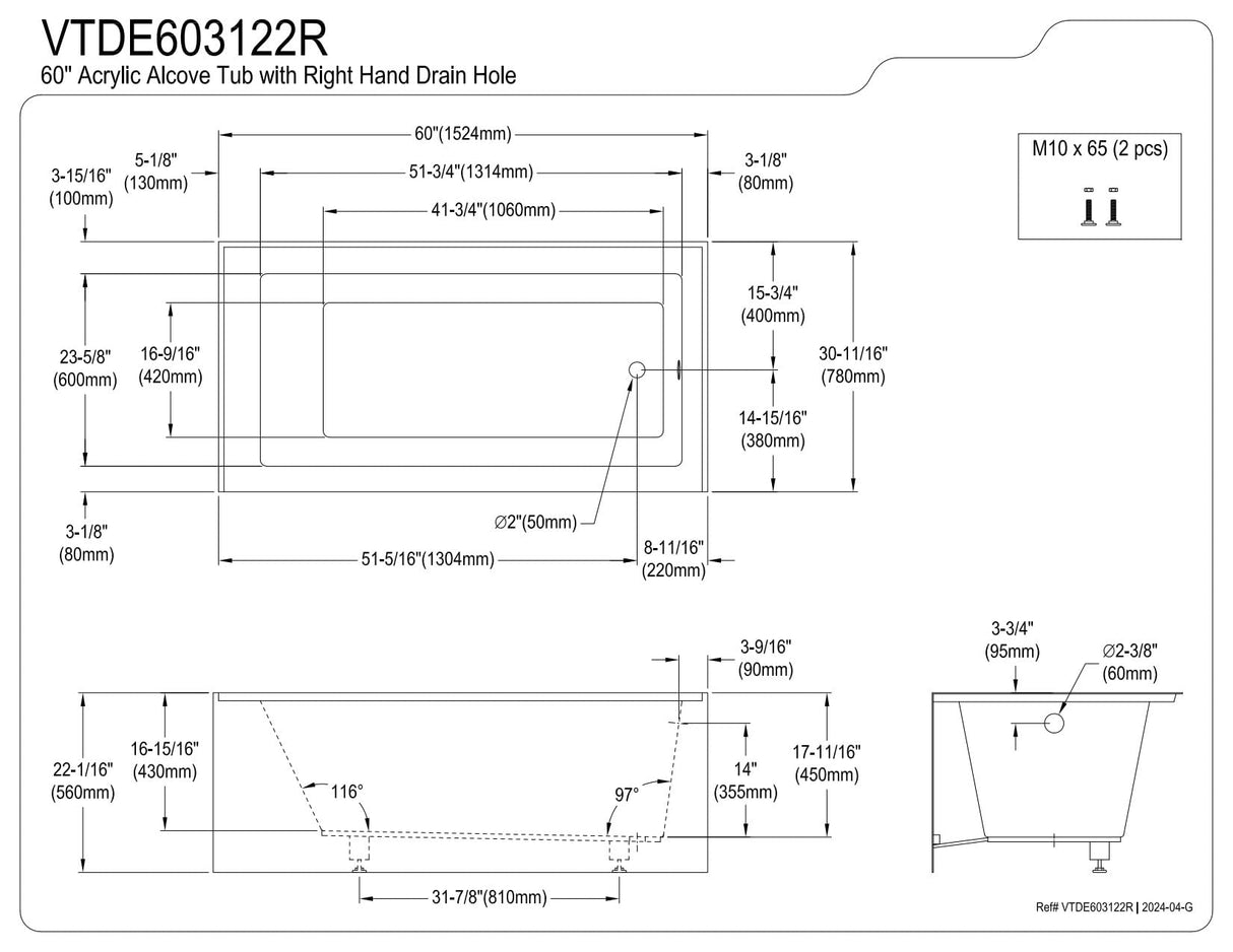 KINGSTON BRASS VTDE603122R 60-Inch Contemporary Alcove Acrylic Bathtub with Right Hand Drain and Overflow Holes, White Kingston Brass