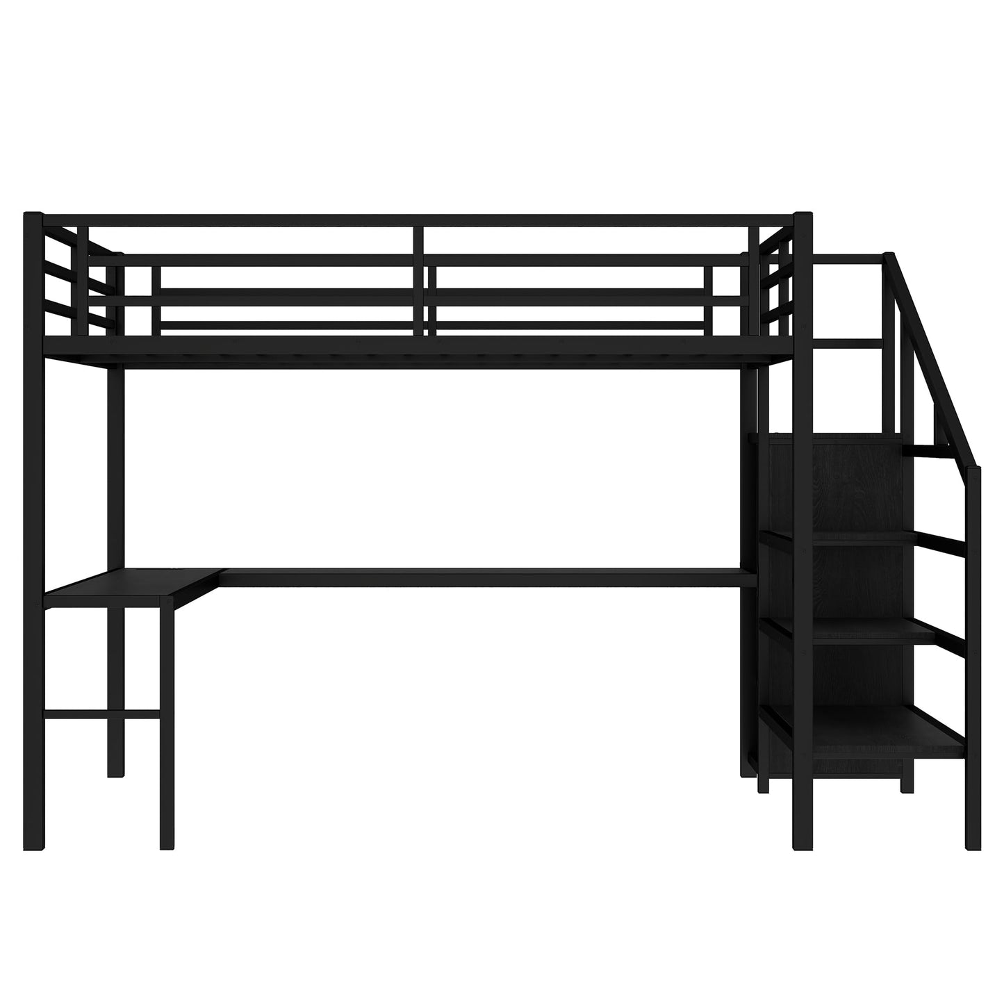 SOFTSEA Queen Size Loft Bed with Desk & Storage Stairs, Heavy Duty Metal Loft Bed with Storage Wardrobe and USB Ports for Adults, Queen Gaming Loft Bed with LED Lights for Kids Teens, Black