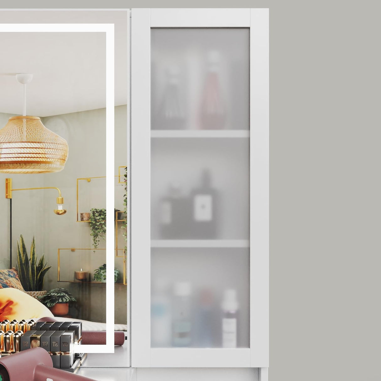 Jartoil Vanity Desk with Lighted Mirror and Charging Station, Extra Large Mirror Vanity Dresser with Storage Shelves, Modern Vanity Set with Nightstand, Cushioned Stool (White-1) Jartoil