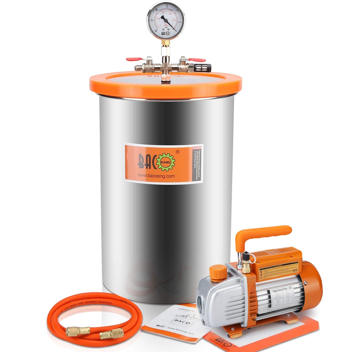 BACOENG 5 Gallon Vacuum Chamber with Pump, Stainless Steel Vacuum Degassing Chamber Kit with 3.6 CFM 1/4 HP Single Stage HVAC Vacuum Pump with Oil - WoodArtSupply