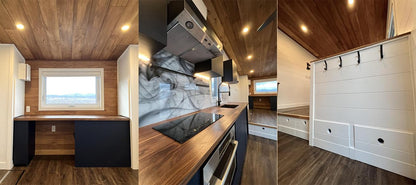 Tiny RV Mobile House with Downstairs Bedroom, Loft, Full Kitchen & Bathroom - Family-Friendly Design with Upraised Living Area, Cedar/Steel Exterior, Double-Pitched Roof - Perfect for Full-Ti - WoodArtSupply