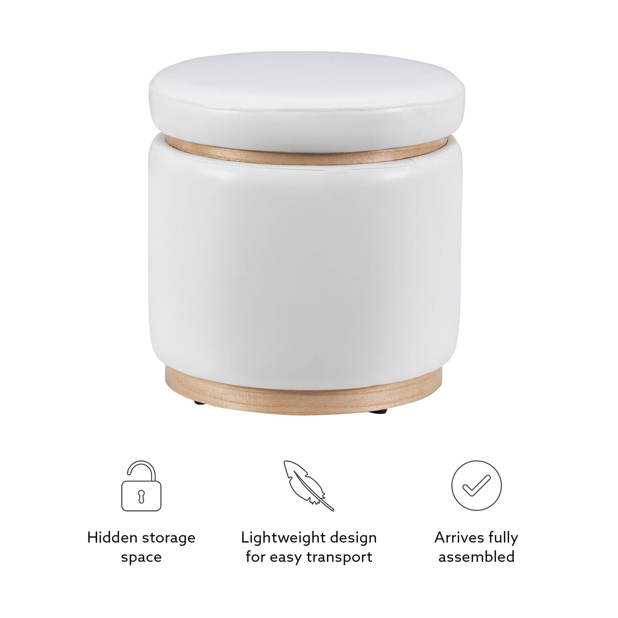 Linon Lexington White Faux Leather Round Storage Ottoman with Wood Accent Linon