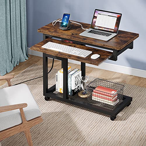 Tribesigns Small Portable Desk with Power Outlet, Height Adjustable Sofa Couch Bedside Laptop Table with Wheels, Mobile Standing Desk Rolling Computer Cart C Side Table with USB Ports - WoodArtSupply