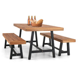 MFSTUDIO 3 Pieces Outdoor Patio Dining Set,Acacia Wood Table Bench Furniture Set with 1 Rectangular Picnic Wooden Table and 2 Benches for Backyard, Garden, Lawn-Teak Color MFSTUDIO