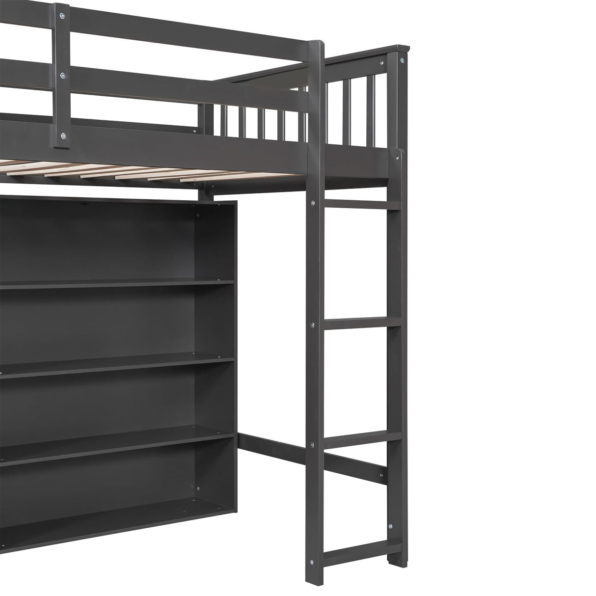 SOFTSEA Twin Size Grey Loft Bed with Open Storage and Ladder for Kids SOFTSEA