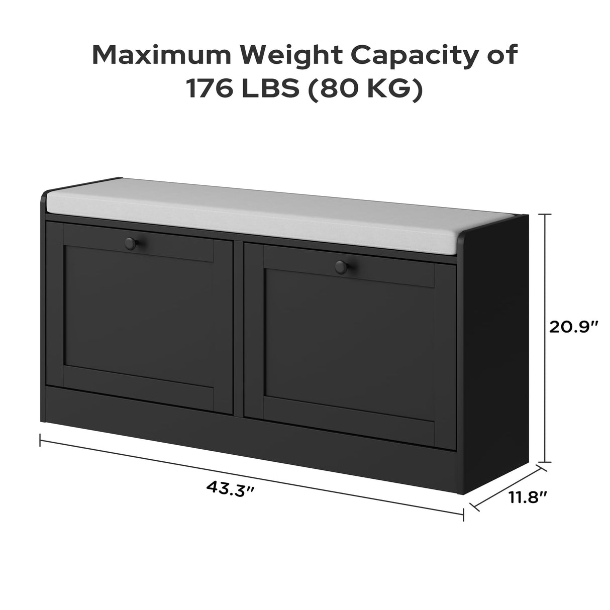 MHOM Black Modern Entryway Bench with 2 Flip Drawers, Shoe Rack with Padded Seat Cushion, Wooden Storage Bench for Bedroom and Apartment MHOM