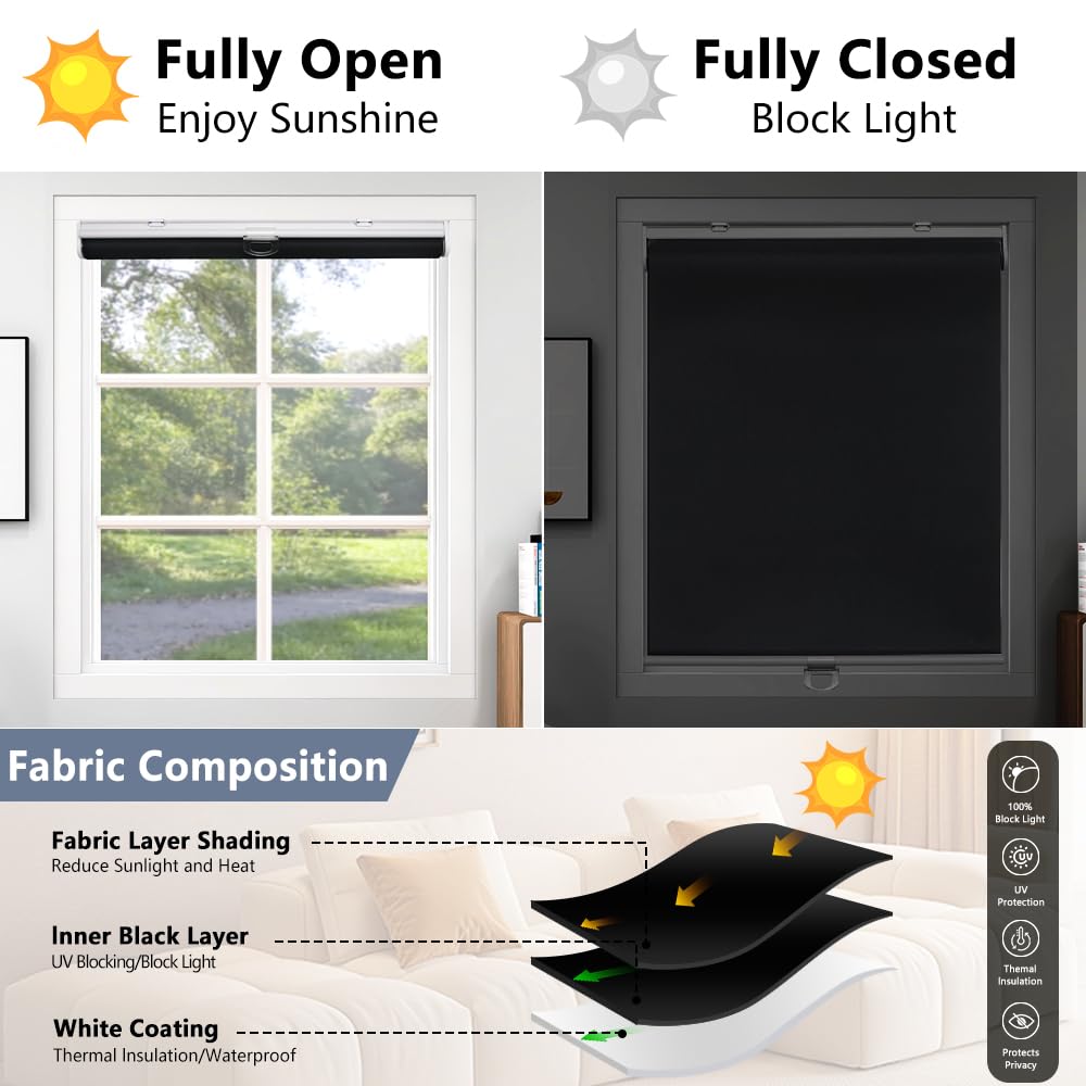 SHADEMOON Cordless Blackout Window Roller Shades, Pull Down Spring System Indoor Blinds, Room Darkening Waterproof UV Blocking Thermal Insulated Fabric for Home Office (Black, Width 29", Height 72") SHADEMOON