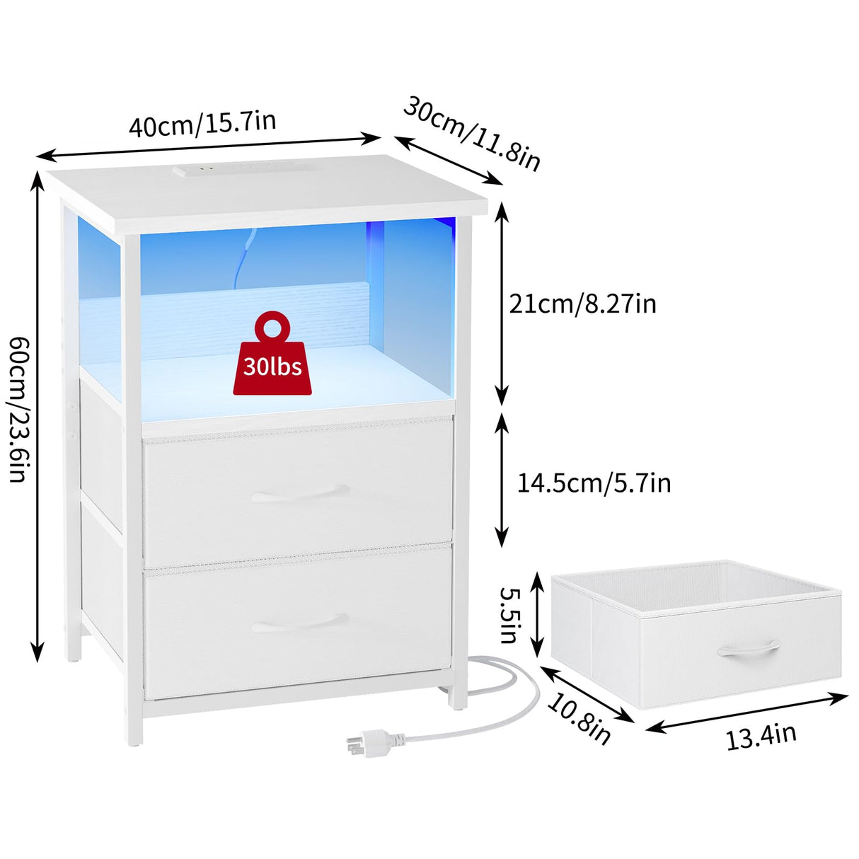 Fixwal Night Stand with Charging Station, LED Nightstand with U-S-B Ports and Outlets, 2 Fabric Storage Drawers with PU Finish, Bed Side Table, White Fixwal