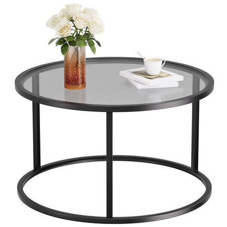 SAYGOER Round Coffee Table Glass Coffee Tables for Small Space Simple Modern Center Table for Living Room Home Office, Sofa Side Table with Metal Steel Frame, Easy Assembly, Gray Black SAYGOER