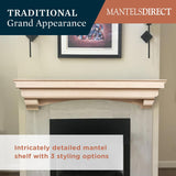 MANTELSDIRECT Mantels Direct Salem Wood Mantel Shelf with Arched Corbels - Unfinished 72 Inch | Wooden Rustic Wall Mounted Shelf from Pine Wood - Perfect for Fireplaces, TVs & Décor MANTELSDIRECT