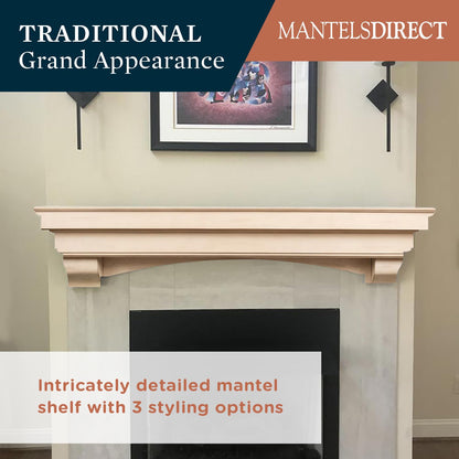 MANTELSDIRECT Mantels Direct Salem Wood Mantel Shelf with Arched Corbels - Unfinished 60 Inch | Wooden Rustic Wall Mounted Shelf from Pine Wood - Perfect for Fireplaces, TVs & Décor