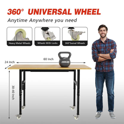 60" Adjustable Workbench with Drawer Storage, Heavy Duty Rubber Wood Work Table with Power Outlet and 4 Lockable Wheels, 2000 LBS Load Capacity Workstation for Garage, Home, Office - WoodArtSupply