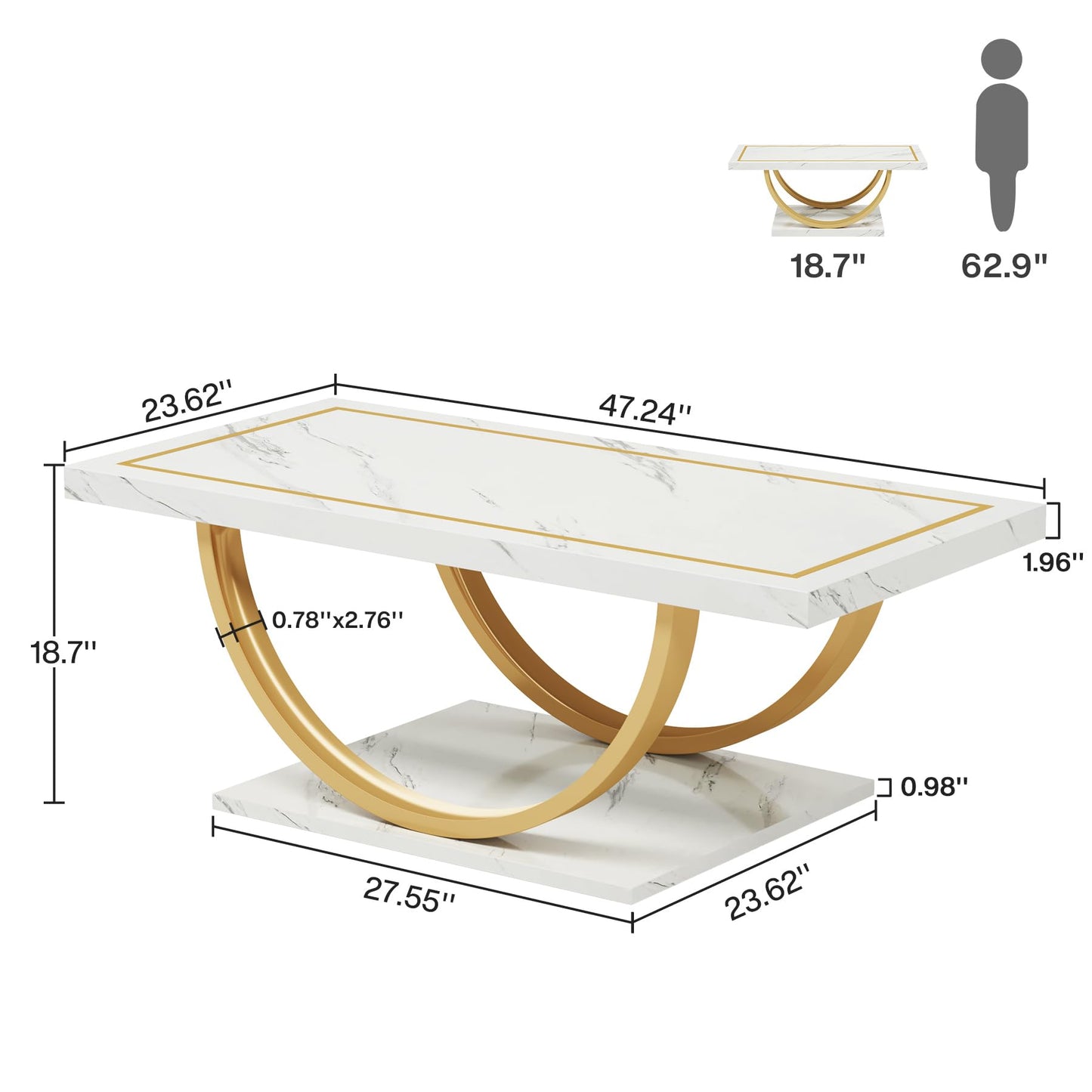 Tribesigns Modern Coffee Table Faux Marble White Gold Coffee Table Rectangle Coffee Table for Living Room, Engineered Wood Coffee Table with Faux Marble Veneer and Heavy Duty Metal Frame - WoodArtSupply