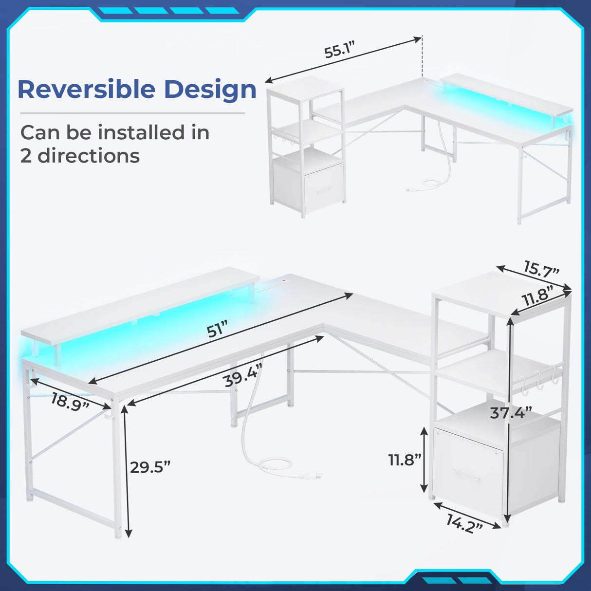 SEDETA White L Shaped Desk with Fabric Drawer, Reversible 51” Corner Desk with Storage Shelves, L Shaped Gaming Desk with LED Strip, Power Outlet and Monitor Shelf for Home Office SEDETA