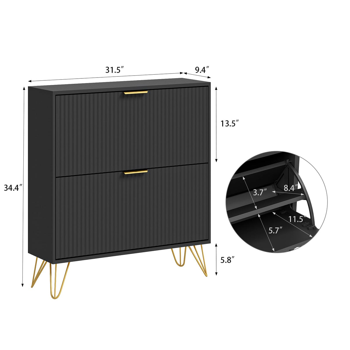 NOVAMAISON Shoe Cabinet with 2 Flip Drawers, Fluted Black Shoe Storage Cabinets, Hidden Shoe Cabinet Storage for Entryway Slim, Modern Freestanding Shoe Rack Organizer, Black NOVAMAISON