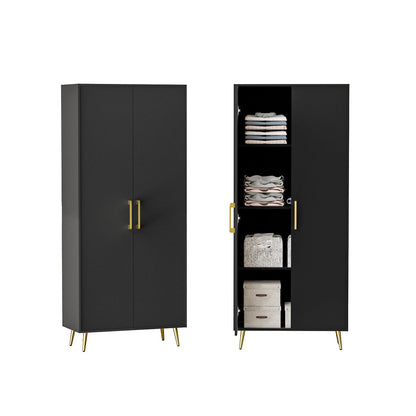 NOVAMAISON 69” Tall Storage Cabinet - Black Storage Cabinet w/ 2 Doors and Adjustable Shelves, Freestanding Kitchen Pantry w/Gold Handles and Legs, Wooden Wardrobe Cabinet for Bedroom, Laundr - WoodArtSupply