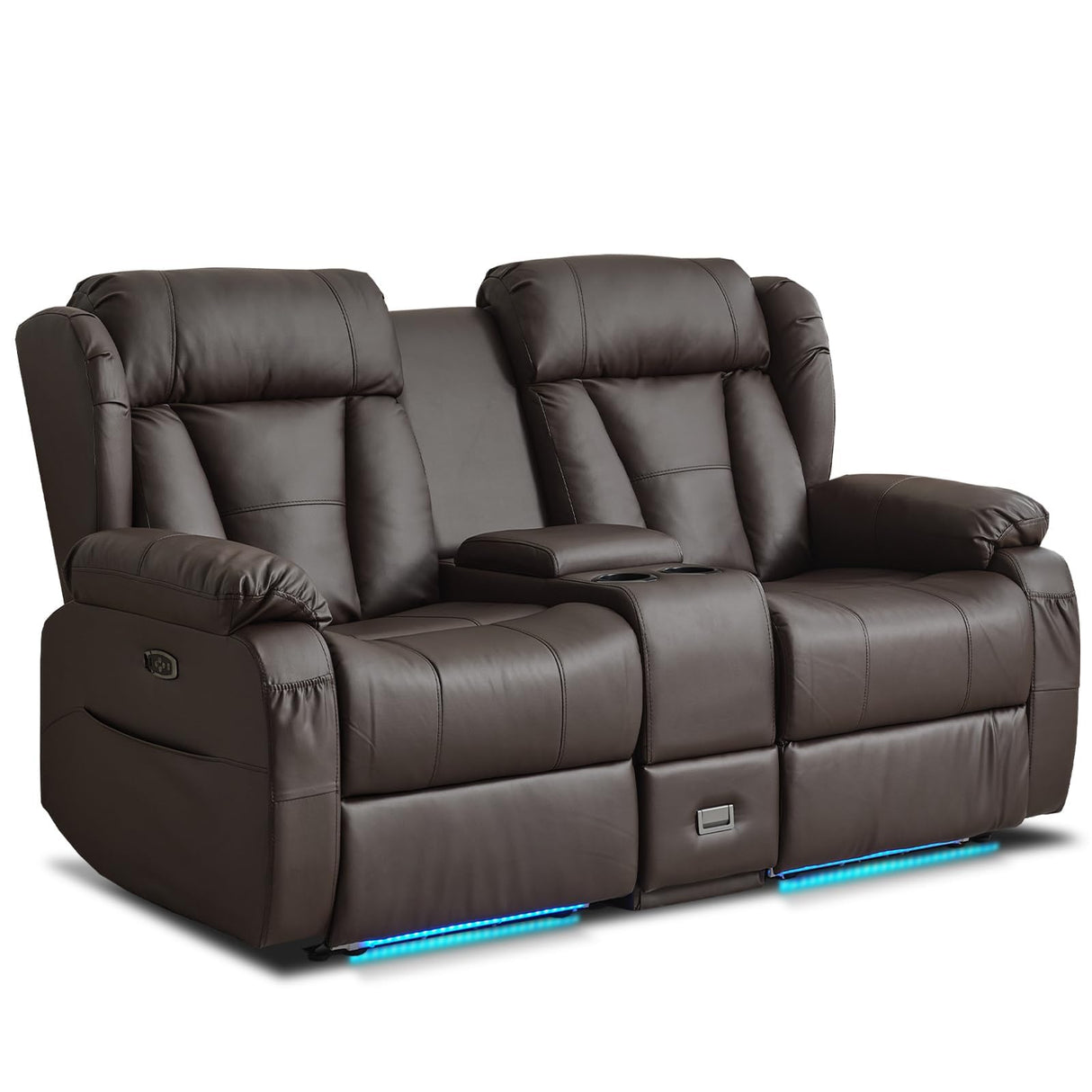 WISHDEER Power Reclining Loveseat Sofa, Loveseat Recliner Couch with Console, RV Recliners for Travel Trailers, Home Theater Seating with Cup Holders/LED/Drawer/USB/USB C for Living Room(Brown) WISHDEER