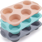 Silicone Muffin Pan - 6-Cavity Nonstick Baking Tray for Muffins, Cupcakes, Brownies and More - Food Grade and BPA Free - Pack of 3 Colors (Gray, Orange, Peacock Blue) Baocuan