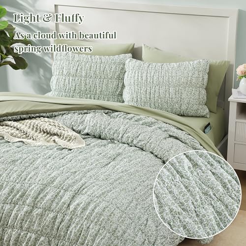 BLOOMHAVEN Full Size Comforter Sets-7 Pieces Puff Sage Green Floral Bedding Set for All Seasons, Shabby Chic Farmhouse Bed in a Bag Full with Floral Comforter, Sheets, Pillowcases & Shams BLOOMHAVEN