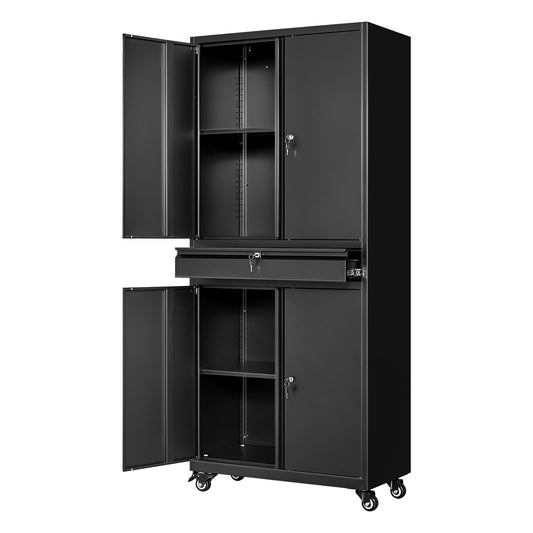 AFAIF Black Metal Storage Cabinet with Wheels, 73" Tall Garage Rolling Storage Cabinet with Doors and Shelves, Lockable Tool Cabinet Steel Locking Cabinets for Home Office, Garage, Pantry