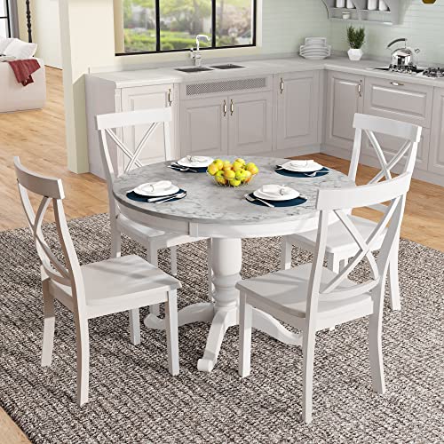 Merax Round Dining Table Set for 4, 5-Piece Faux Marble Kitchen Table Set with 4 Chairs, Farmhouse Table and Chairs Set for Kitchen, Dining Room, Small Space, White Merax