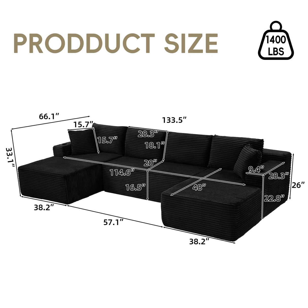 134 Inch Cloud Sectional Couch for Living Room,Corduroy Boneless Couches with L-Shape Chaise,Modern Modular Sectional Sofa with Deep Seat,No Assembly Required (Black, U-Shaped Sofa) ZKJOLMN