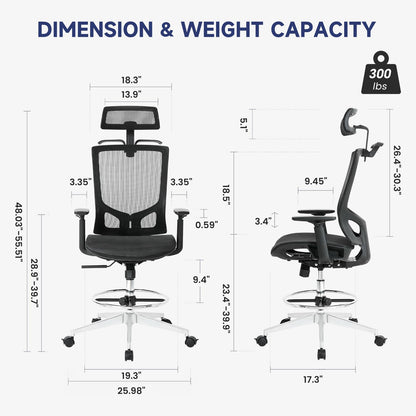 Nouhaus Mesh Office Chair Ergonomic Drafting Desk Chairs High Back with Adjustable Headrest, Armrest, Foot Ring and Integrated Coat Hanger, Swivel Computer Gaming darft Chair Tilt Function (Black)