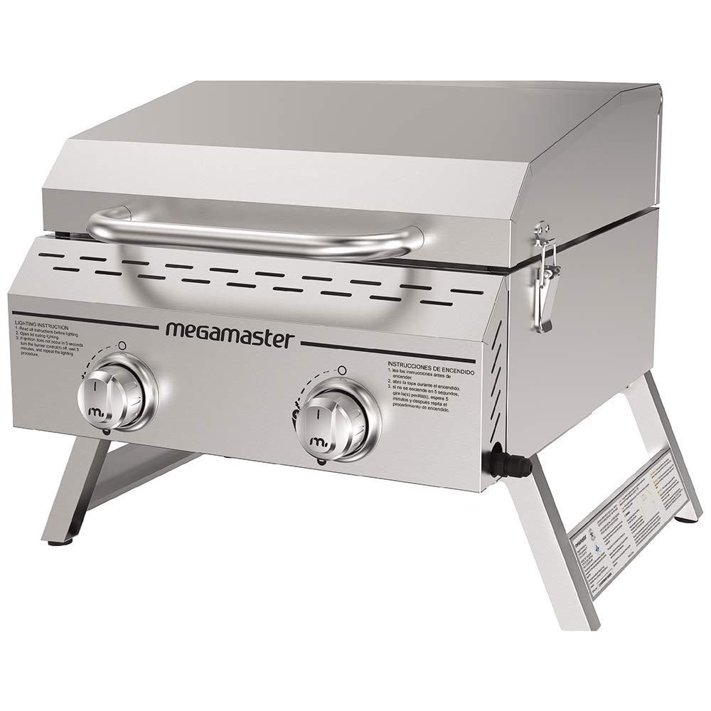 Megamaster Premium Outdoor Cooking 2-Burner Grill, While Camping, Outdoor Kitchen, Patio Garden, Barbecue with Two Foldable legs, Silver in Stainless Steel Megamaster