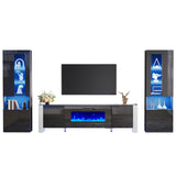 AMERLIFE 70" Modern Fireplace TV Stand with 36" Electric Fireplace & 2 Large Storage LED Bookcases, 3 Piece Living Room Entertainment Center Set for TVs Up to 80in, All Black AMERLIFE