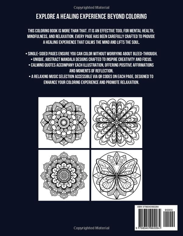 Relaxing Music Mandala Coloring Book: A Mindfulness and Meditation Therapy for Adults with Calming Quotes, Abstract Zen Designs, and a Music Selection for Stress Relief, Anxiety, and Mental Health