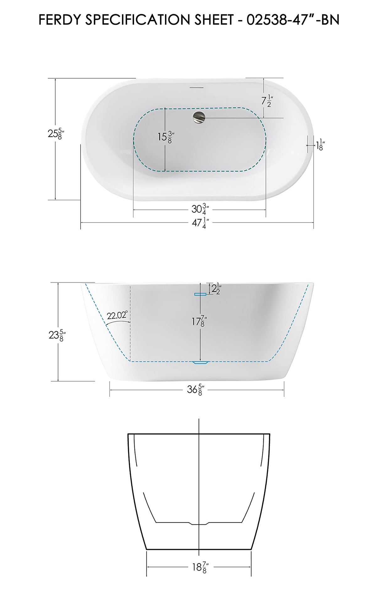 FerdY 47" Bali Acrylic Freestanding Bathtub, Gracefully Shaped Freestanding Soaking Bathtub, cUPC Certified, Toe-Tap Brushed Nickel Drain and Minimalist Linear Design Overflow Included FerdY
