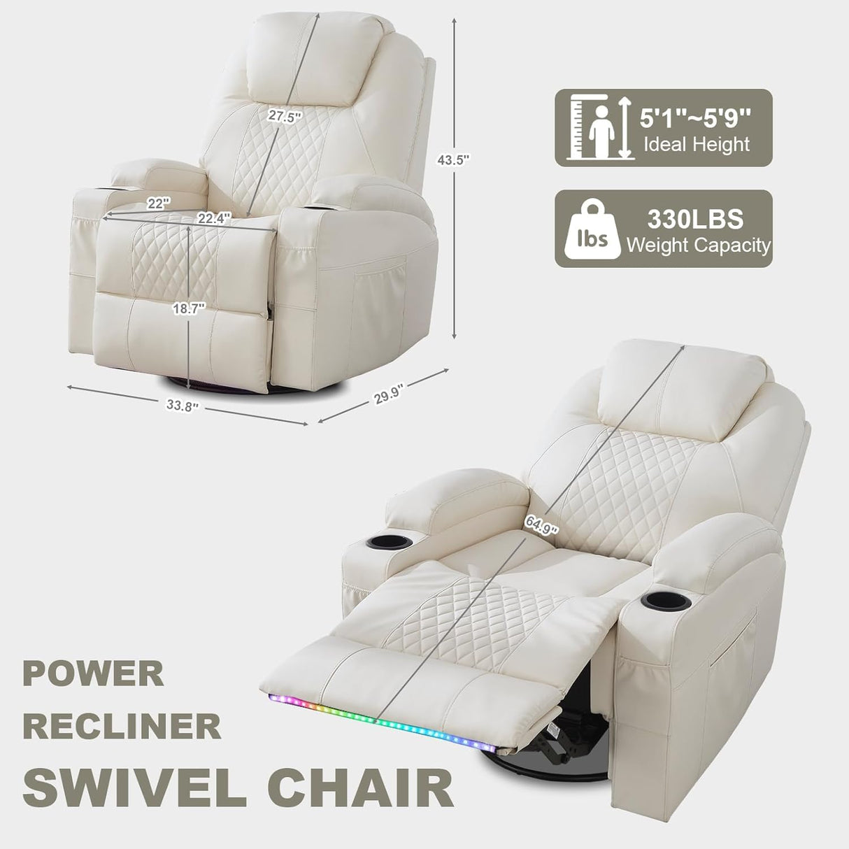 IBTKIG Power Swivel Rocker Recliner Chair with Massage and Heat/LED Lights/USB and Type-C Ports/Infinite Position/Cup Holder, Electric Glider Reclining Sofa for Nursery Living Room (1, Beige) IBTKIG