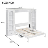 Elegant Queen Size Murphy Bed with Shelf, Side Cabinets, Drawers and LED, Cabinet Folding Wall Bed with Desk Combo Perfect for Guest Room, Office (White-2) Quarte