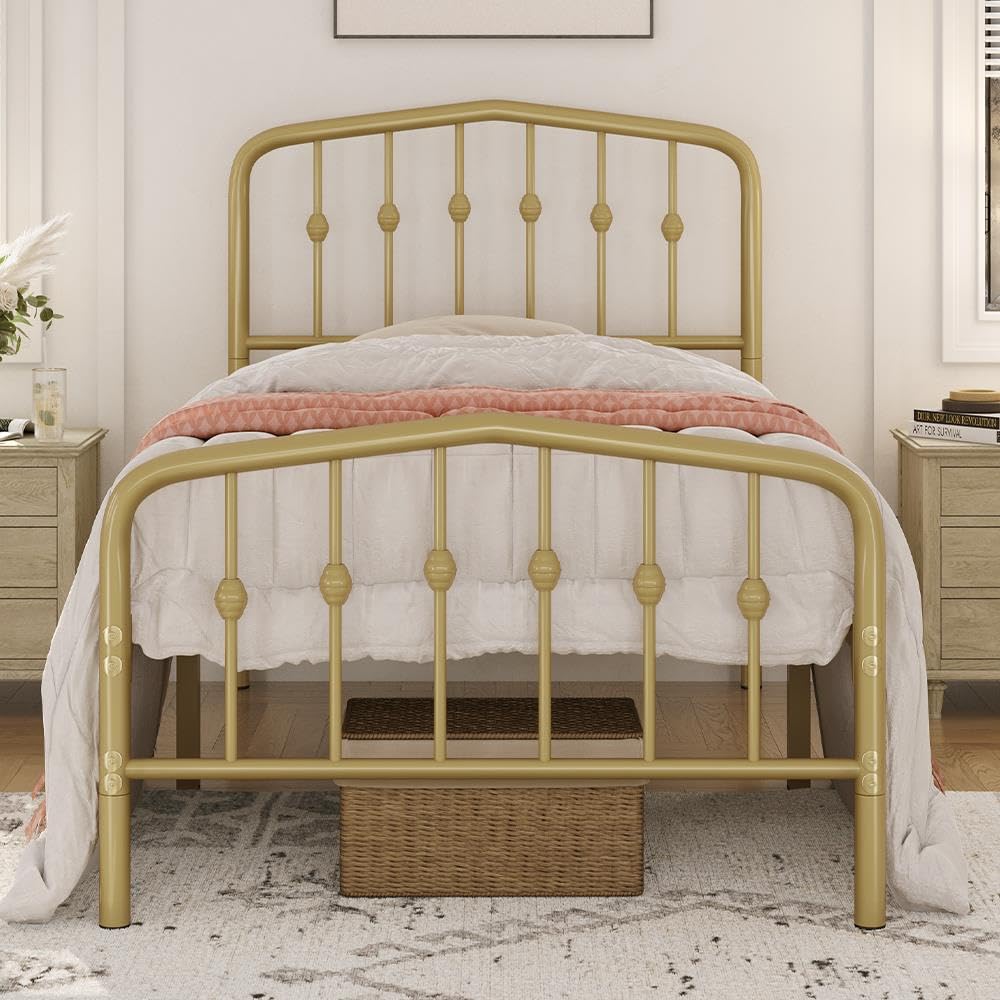 Yaheetech Twin Bed Frames Metal Platform Bed with Victorian Style Wrought Iron Headboard and Footboard/Easy Assembly/No Box Spring Needed/Antique Gold Twin Bed Yaheetech