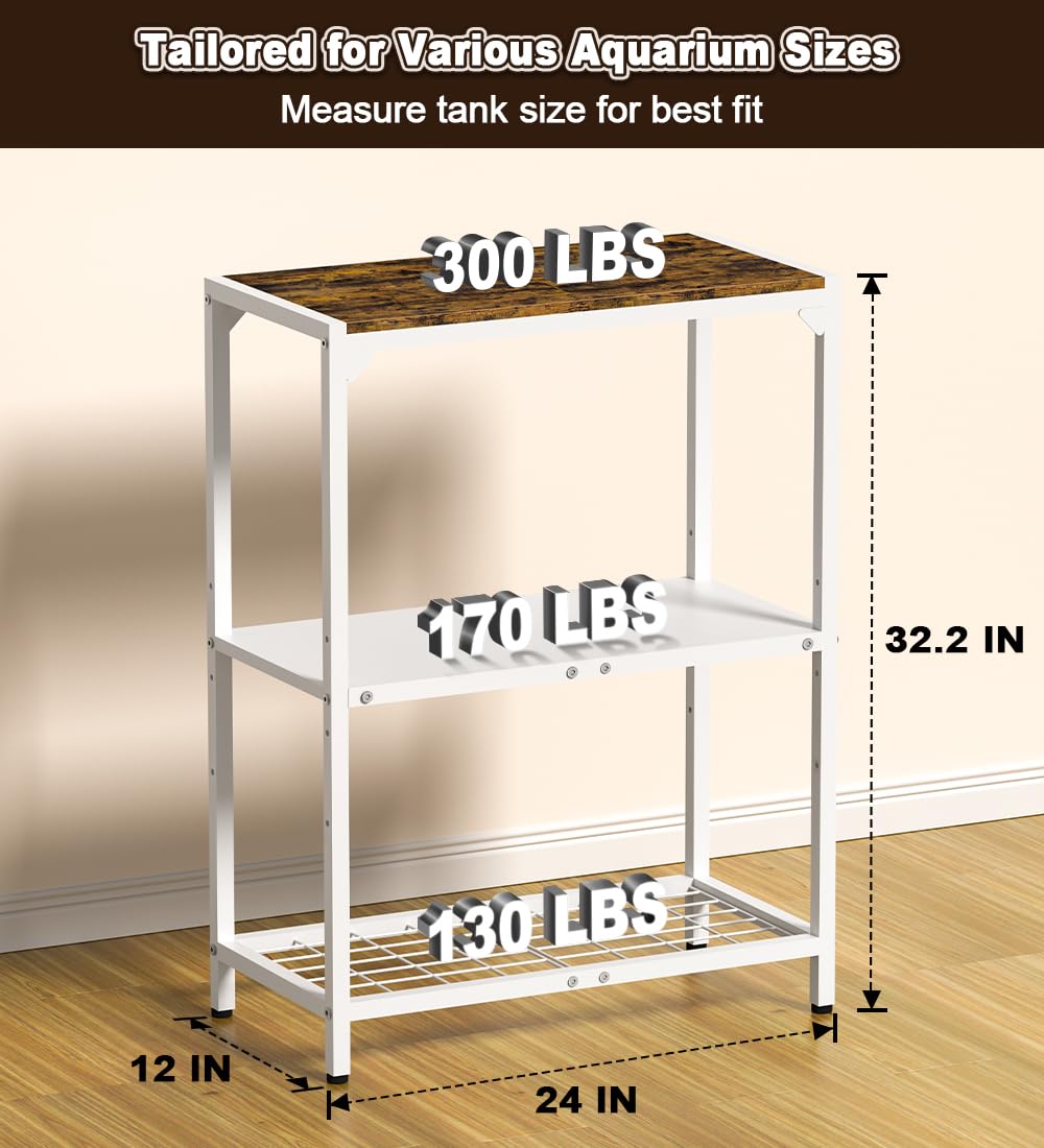 AnBaiMei 20 Gallon Aquarium Stand, Fish Tank Stand with Adjustable 3-Tier Storage Shelf, Heavy Duty Reptile Breeder Turtle Tank Terrarium Rack Table for Home Office, 24" L x 12" W x 32.2" H, White AnBaiMei