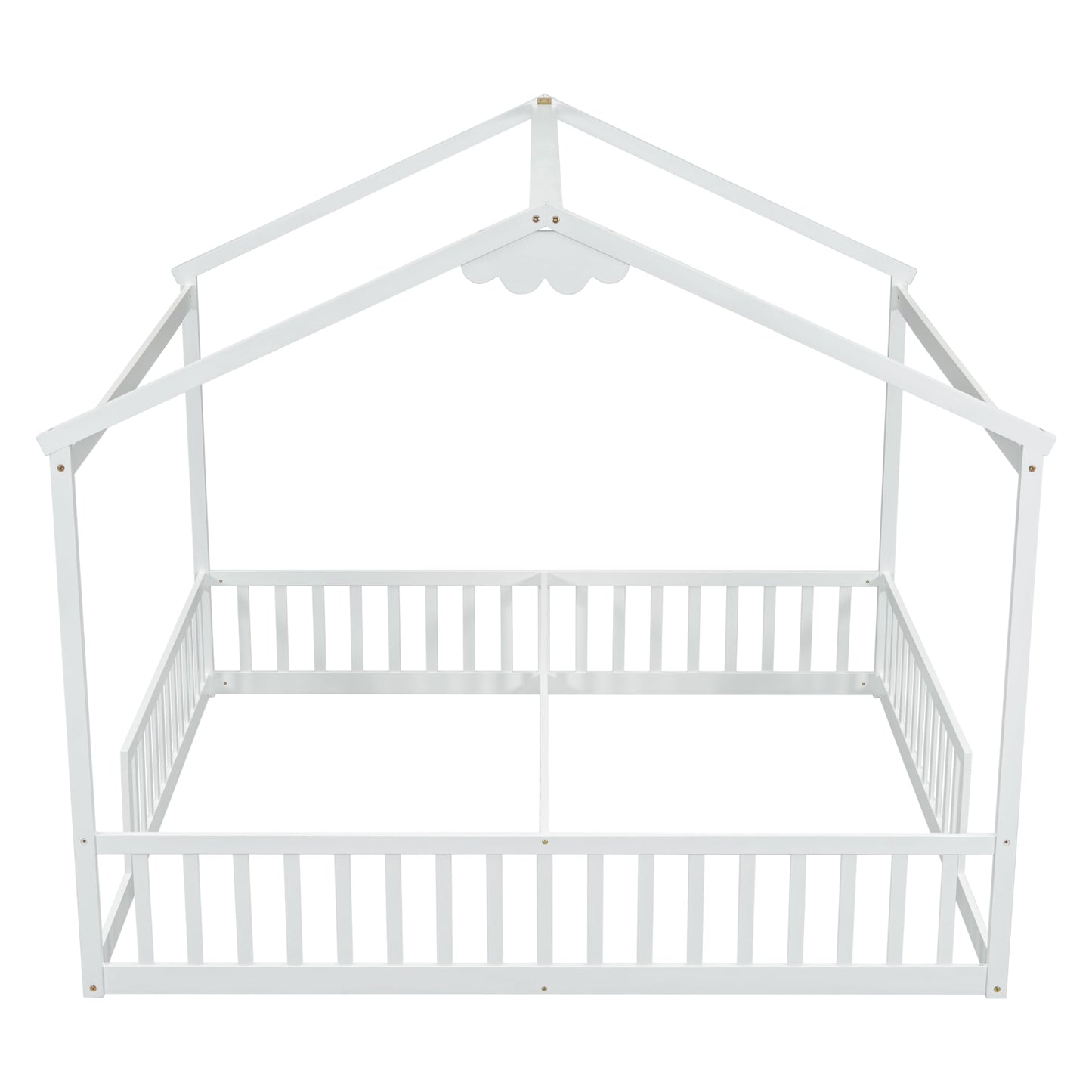 Luckiofvonne Twin House Bed Frame for Kids - Double Montessori Floor Beds with Fence Railings in White - WoodArtSupply