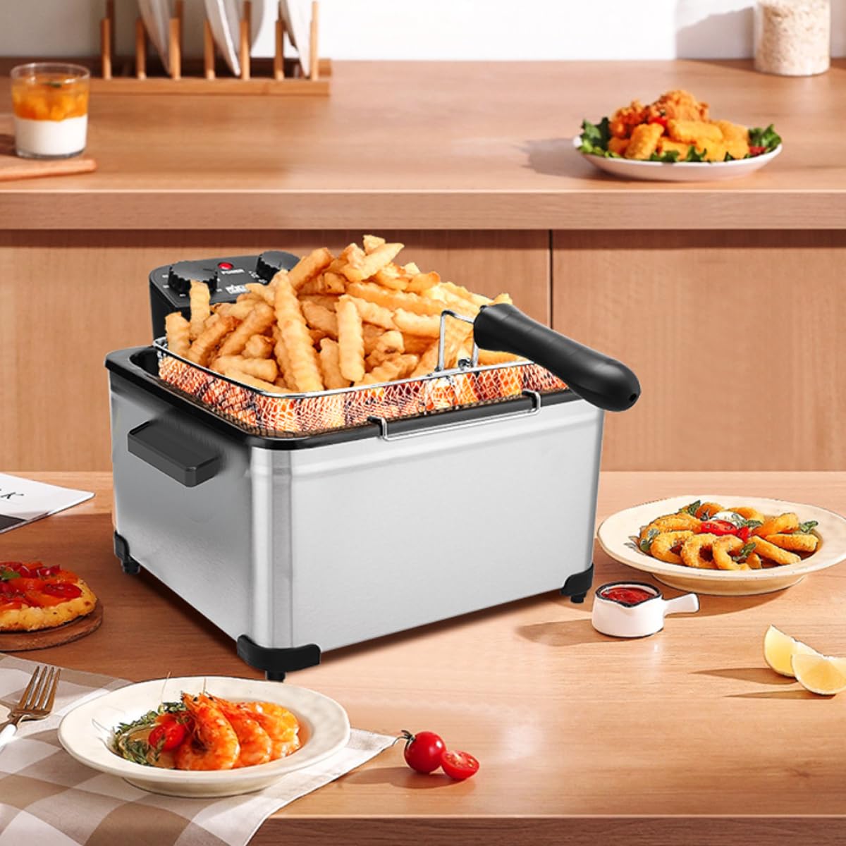1800W 5 Liters/21 Cups Large Electric Deep Fryer with 3 Frying Baskets for Home Use, Adjustable Temperature,View Window Lid,Countertop Stainless Steel Body Deep Fryer Pot,Perfect for Kitchen, Fry Fish Vexon