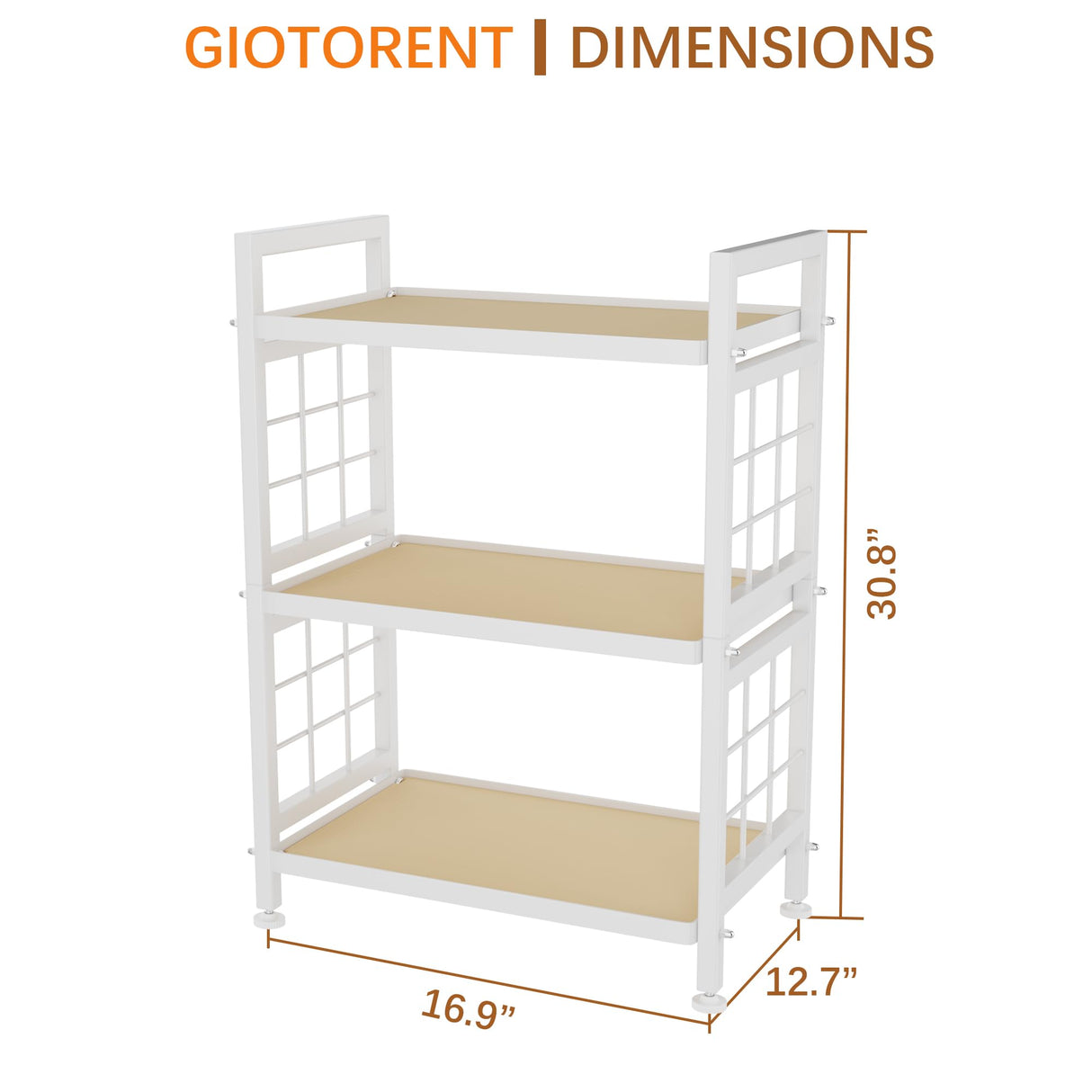 GIOTORENT 3-Tier Pantry Shelves with Wooden Boards, Heavy Duty Storage Shelves & Book Shelf, Adjustable Metal Shelving Unit for Kitchen Bathroom Laundry Organizer, Sturdy Rust-Resistant, White GIOTORENT