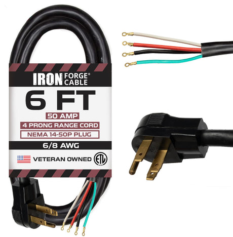 Iron Forge Cable 4 Prong Range Power Cable 6 ft - 50 Amp RV Extension Cord - Heavy Duty 6/8 AWG Cable - NEMA 14-50P Extension Plug - 4 Wire Dryer Replacement Cord - Black - Great for EV Charger IRON FORGE CABLE