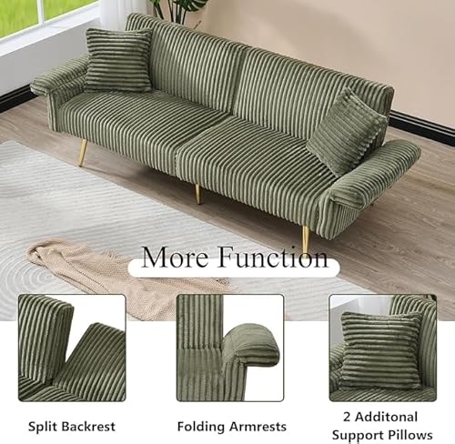 Zentrava Green 79" Convertible Futon Sofa Bed with Adjustable Backrest & Armrests, Modern Corduroy Folding Loveseat Sleeper Couches with Two Soft Pillows for Living Room Apartment Office (Green) Zentrava