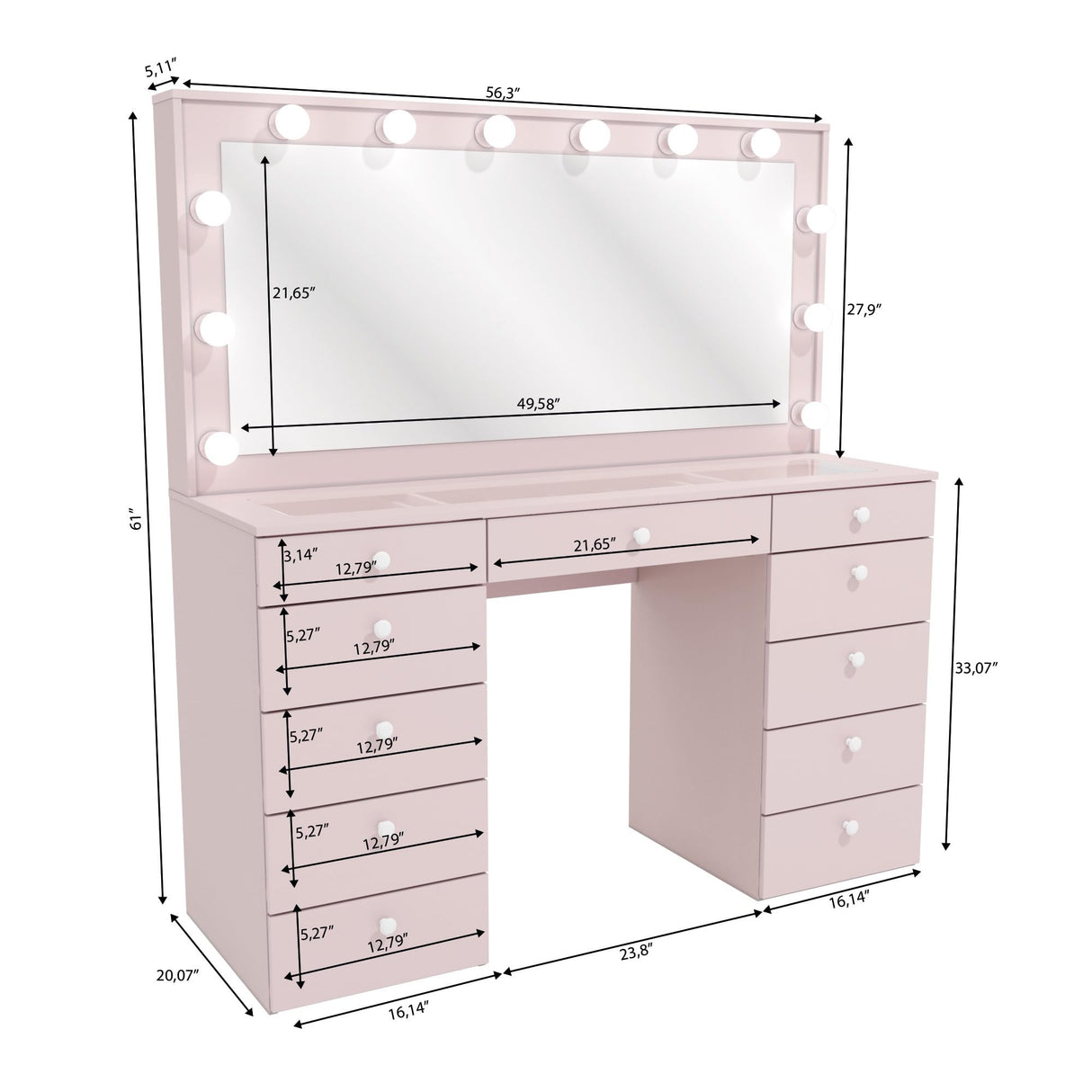 Boahaus Orla Extra-Large Makeup Vanity Desk with Hollywood Lights, 11 Drawers, Hair Dryer Hanger, USB Type-C & Type-A, Power Outlet for Beauty Tools, Glass Top, Crystal Knobs – Premium Pink Finish Boahaus