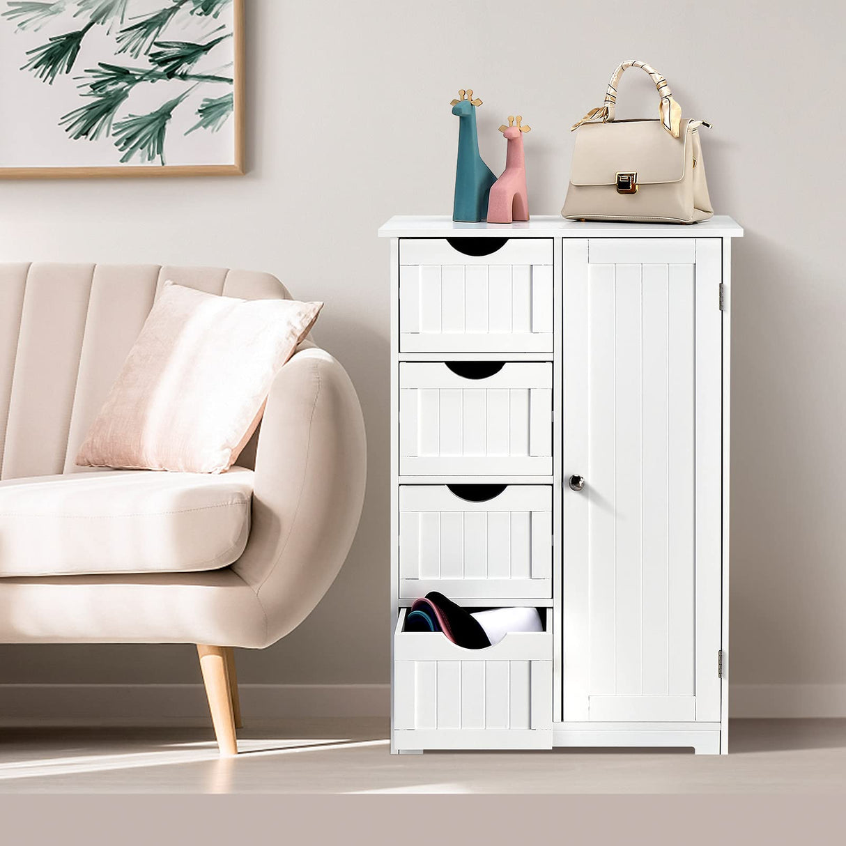 Bonnlo Compact White Wooden Bathroom Storage Cabinet with 4 Drawers and Cupboard Bonnlo