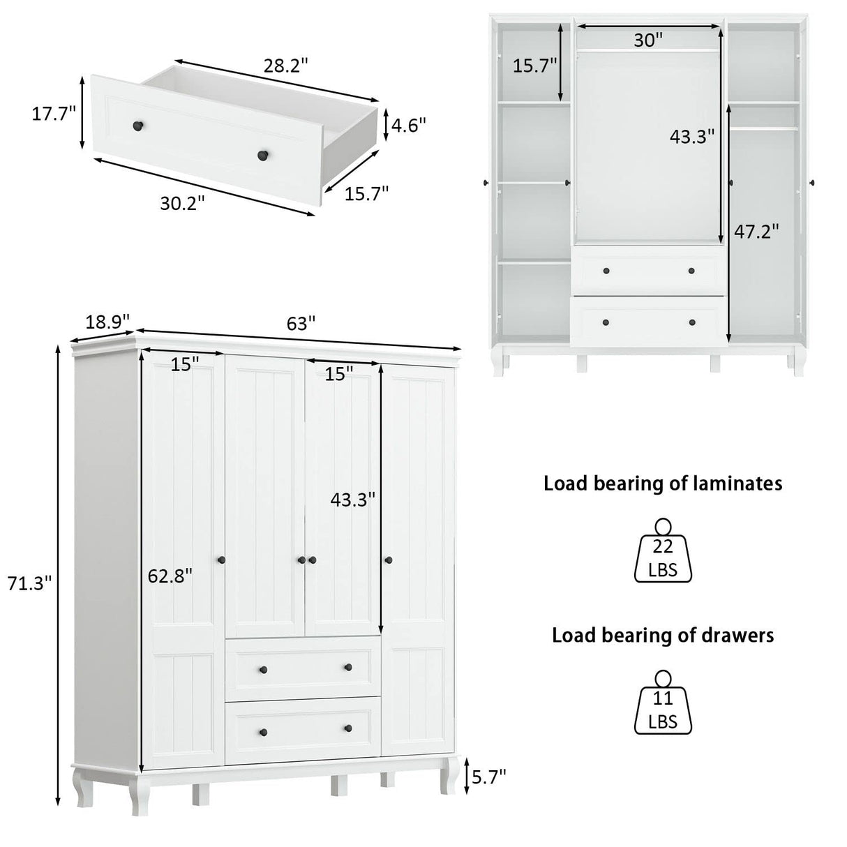 MOUMON Large 4-Door Wardrobe Closet with Doors and Shelves, Armoire Wardrobe Closet with Hanging Rod, Armoires and Wardrobes with 2 Drawers, Armoire for Bedroom White (63”W x 18.9”D x 71.3”H) MOUMON