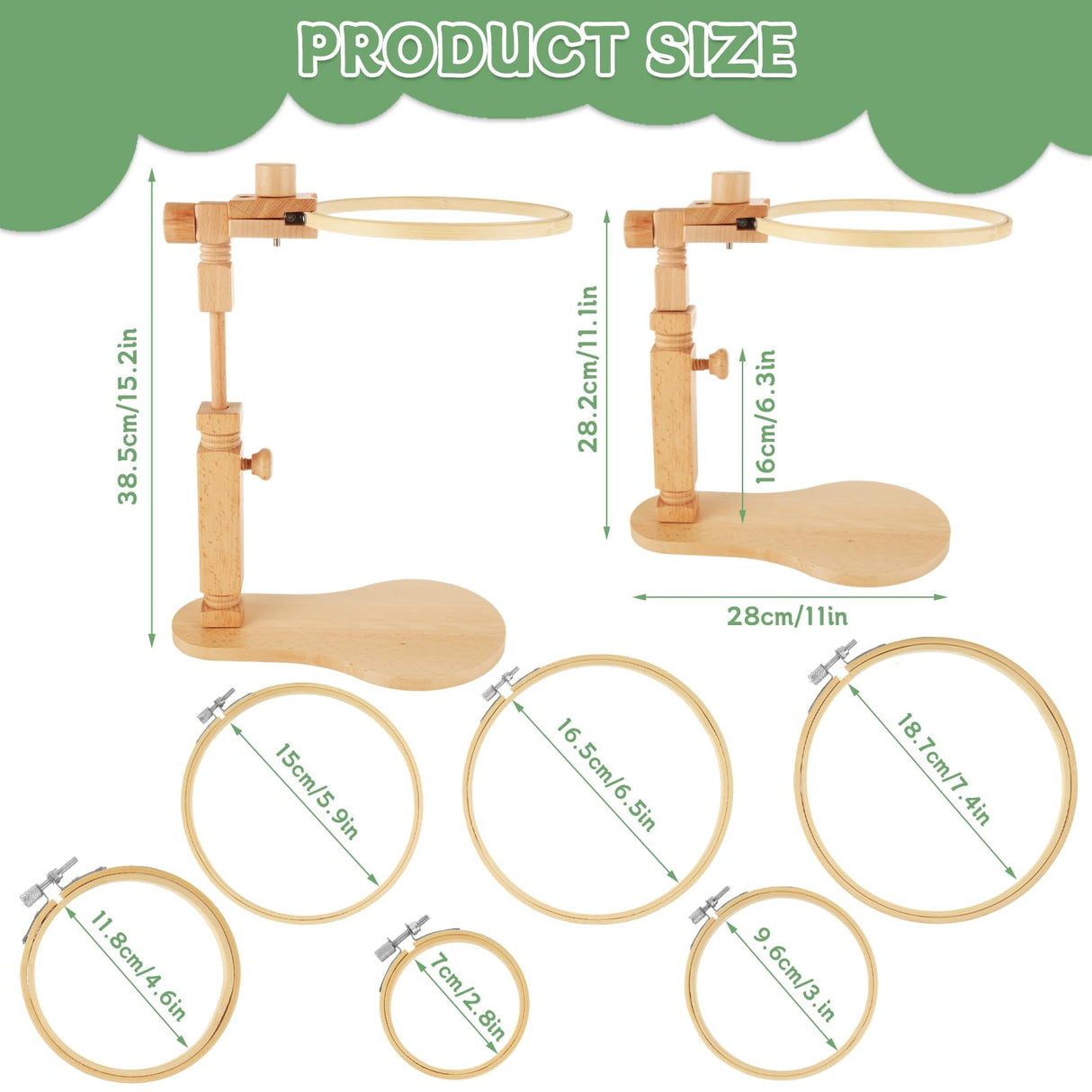1PCS Embroidery Hoop Stand with 6 PCS 3'' to 8'' Embroidery Hoops Beech Wood Adjustable Rotated Wooden Embroidery Stand, Embroidery Hoop Holder for Cross Stitch and Embroidery Project SENENQU