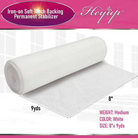 Iron on Embroidery Stitch Cover 8" x 9 Yd Light Weight Stabilizer Prevent Scratchy or Itchy Stitches, Soft Touch Backing for Sensitive Skin, Babies, and Embroidery Garments, 1 Pack HEYUP