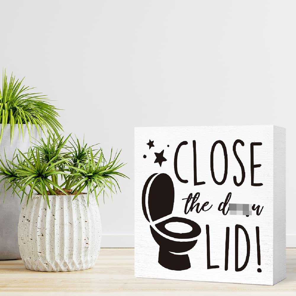 Funny Bathroom Wood Sign Close the Damn Lid Wood Block Sign for Bathroom Shelf Toilet Restroom Home Tabletop Desk Decor,Farmhouse Bathroom Wooden Box Sign SJNH