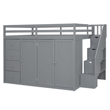 Harper & Bright Designs Grey Full Size Loft Bed with Storage Stairs and Wardrobes - WoodArtSupply